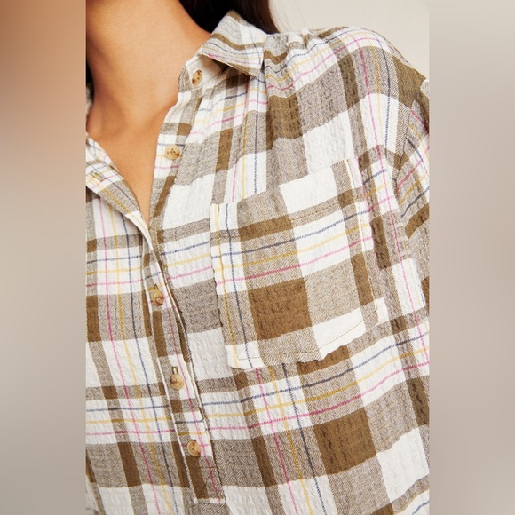 Anthropologie Isadora Button Back Tunic Top in Brown Plaid Medium - Picture 11 of 13